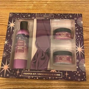 Pamper spa kit lotion, bath salts, body soufflé, and silk hairband